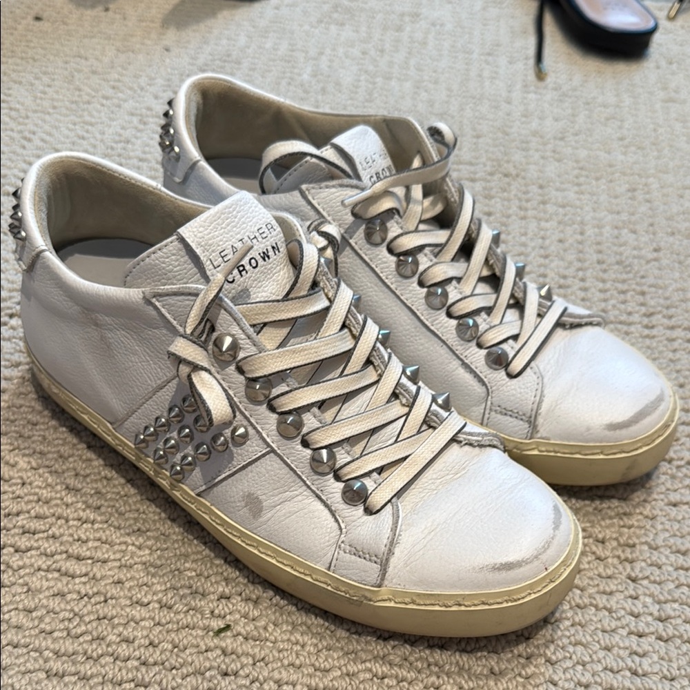 Leather Crown Silver-Studded White Sneakers